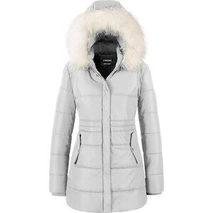 Women's Light Grey Puffer Jacket Waterproof Snow Removable Faux Fur Trim Hood
